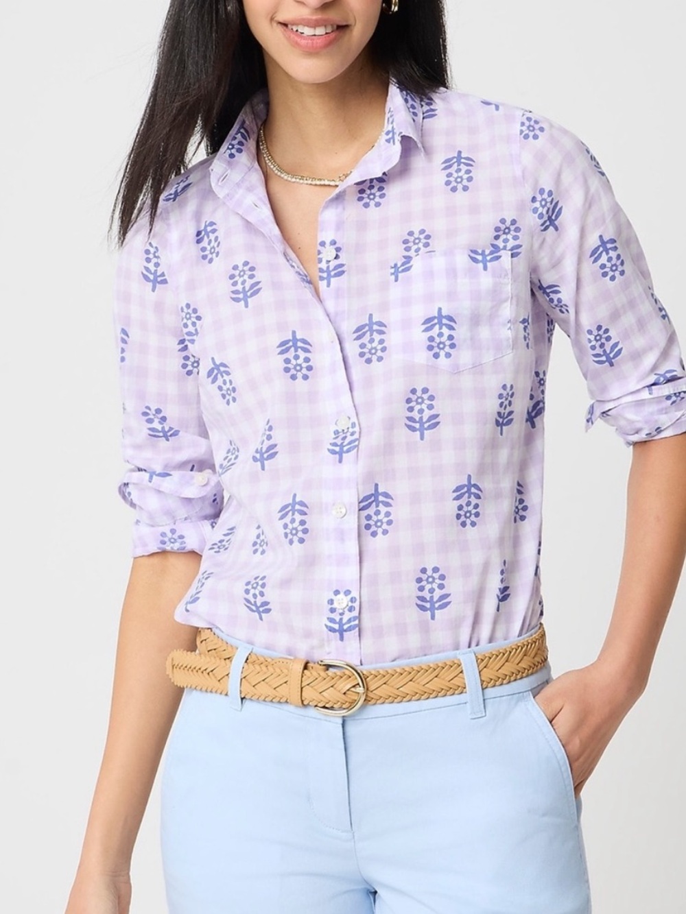J. Crew Floral Hydrangea Motif Long Sleeves Button Down Shirt White Lilac sz M